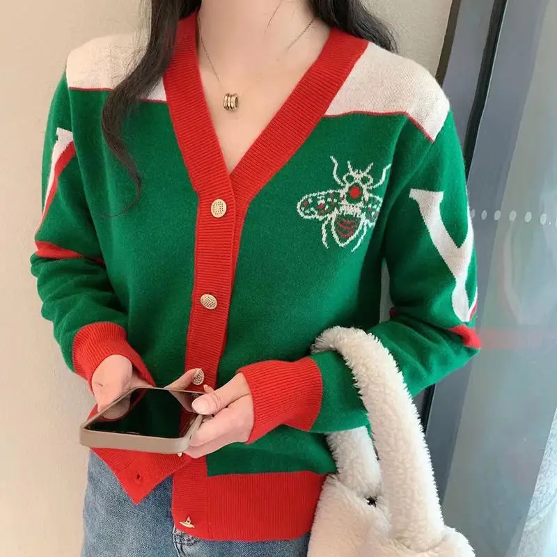 Women V-neck Knitted Cardigan Green Red 2023