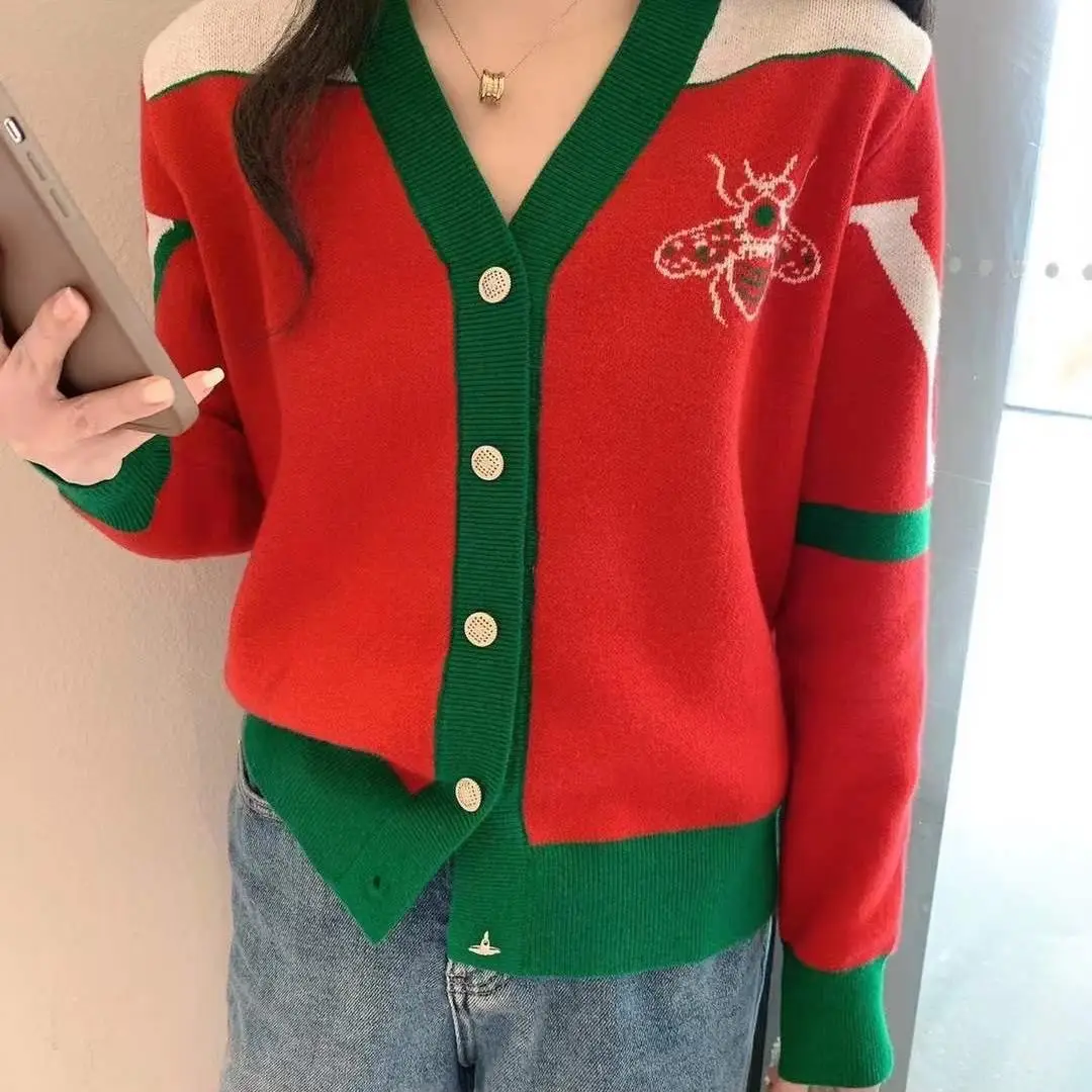Women V-neck Knitted Cardigan Green Red 2023