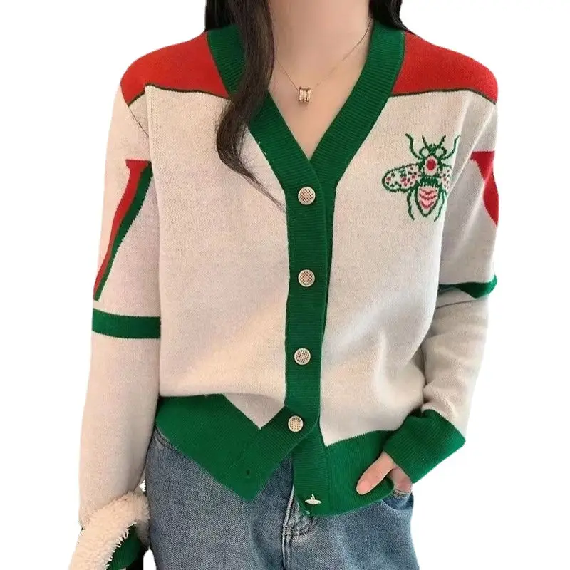Women V-neck Knitted Cardigan Green Red 2023