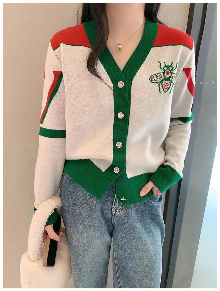 Women V-neck Knitted Cardigan Green Red 2023 — feature 1