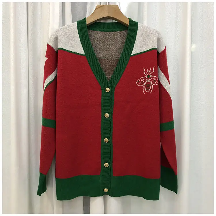 Women V-neck Knitted Cardigan Green Red 2023 — feature 11