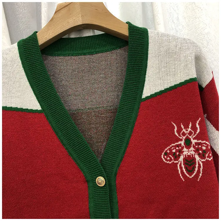 Women V-neck Knitted Cardigan Green Red 2023 — feature 12