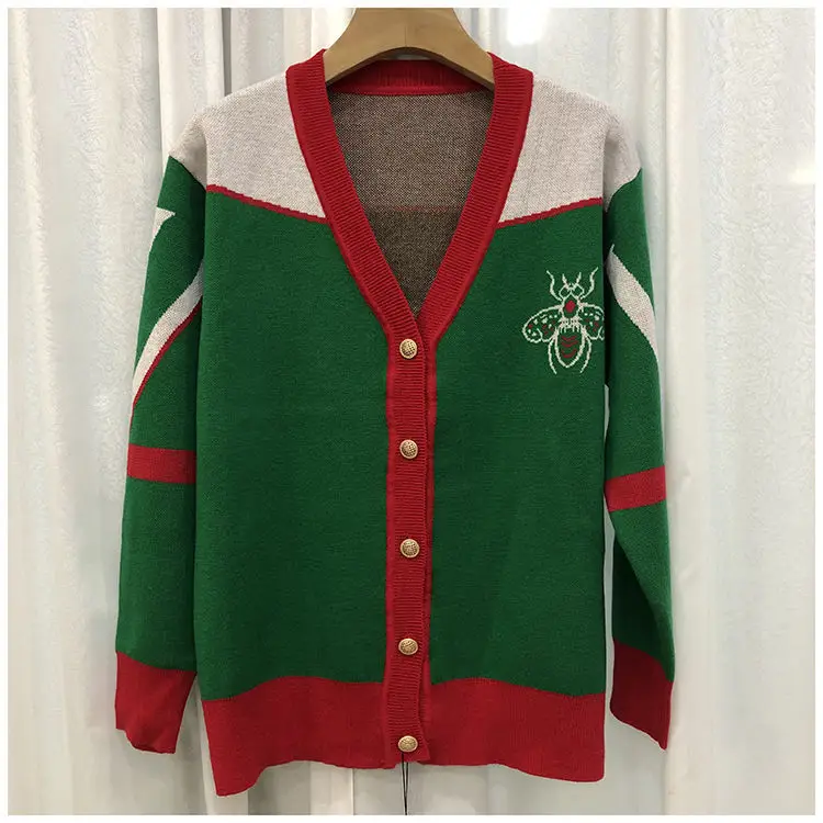Women V-neck Knitted Cardigan Green Red 2023 — feature 14