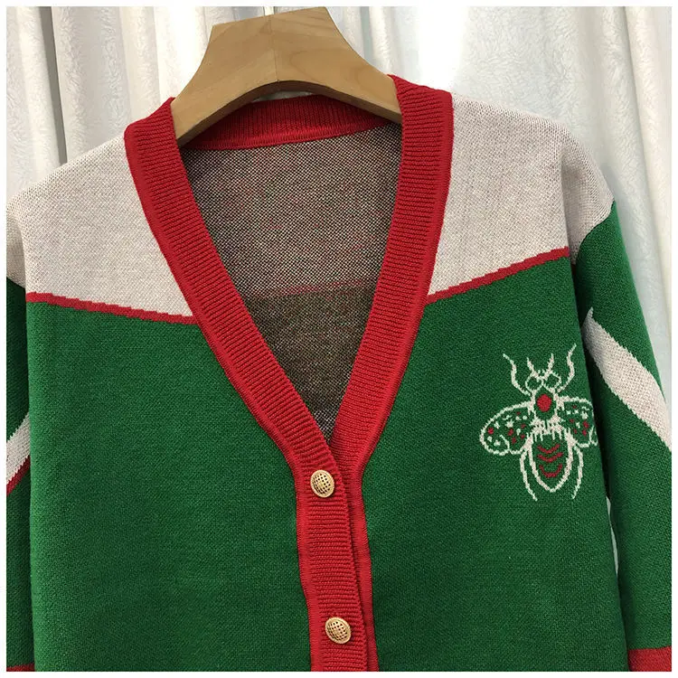 Women V-neck Knitted Cardigan Green Red 2023 — feature 15