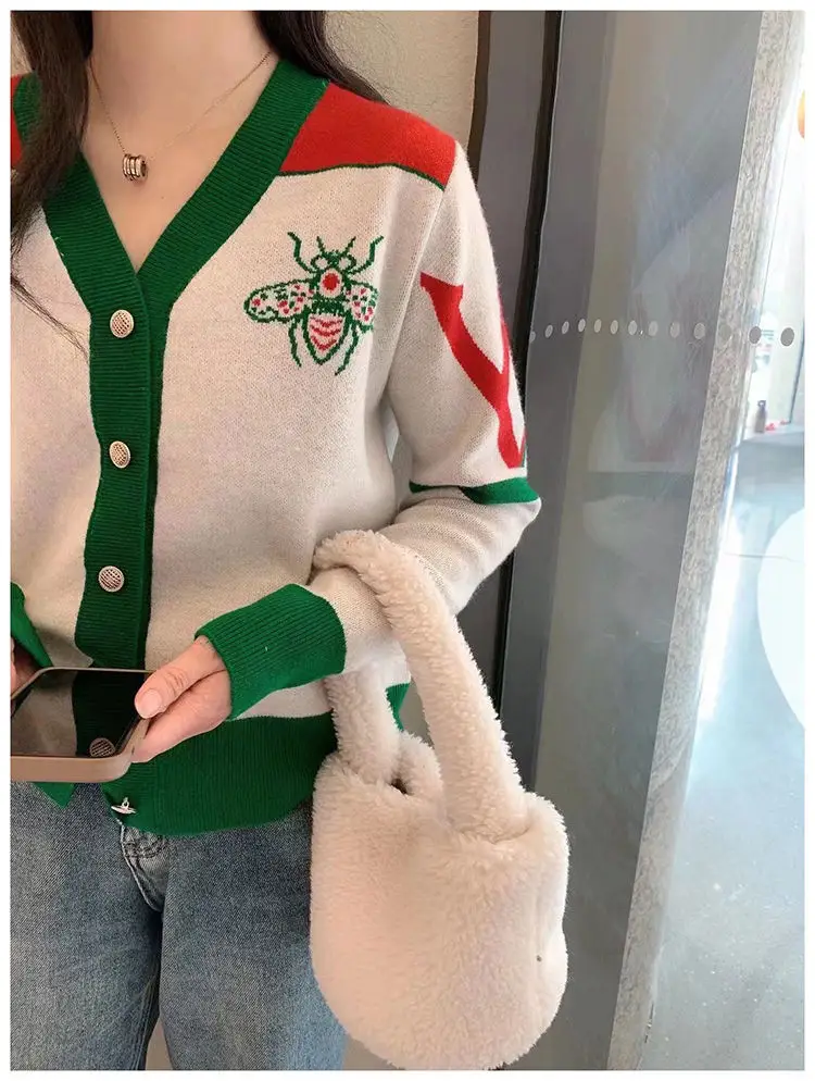 Women V-neck Knitted Cardigan Green Red 2023 — feature 2