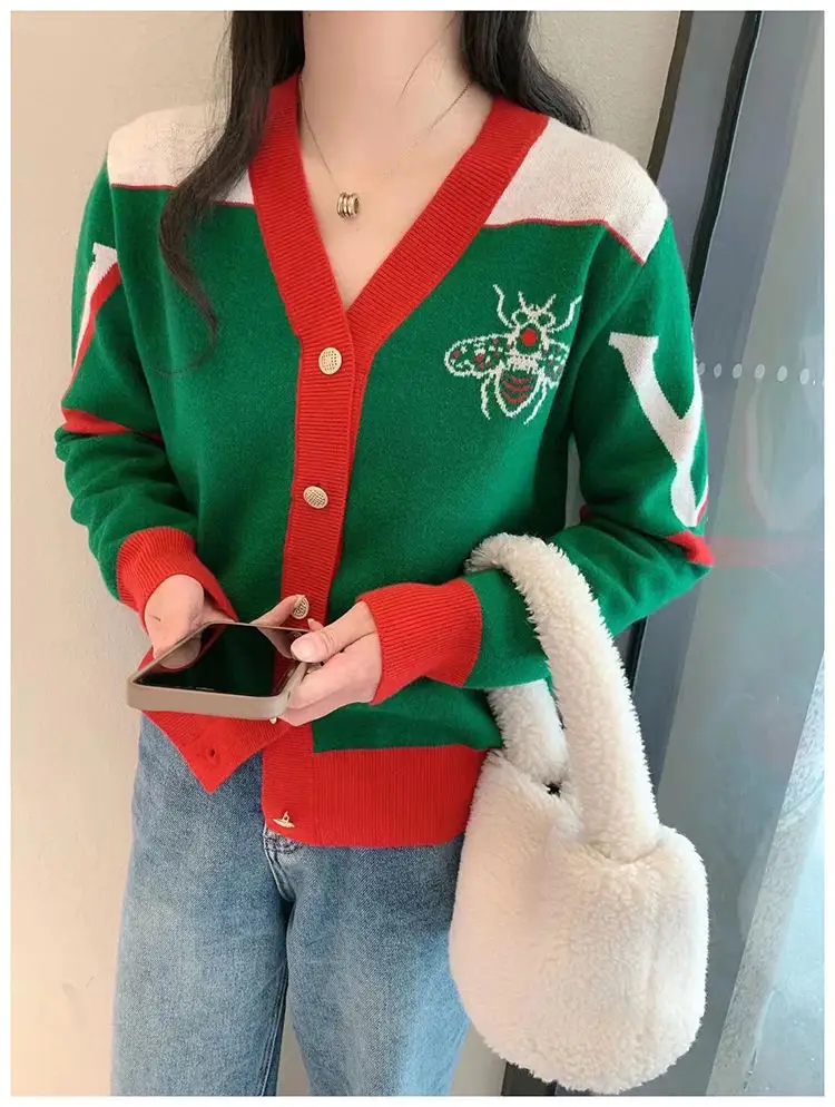 Women V-neck Knitted Cardigan Green Red 2023 — feature 3