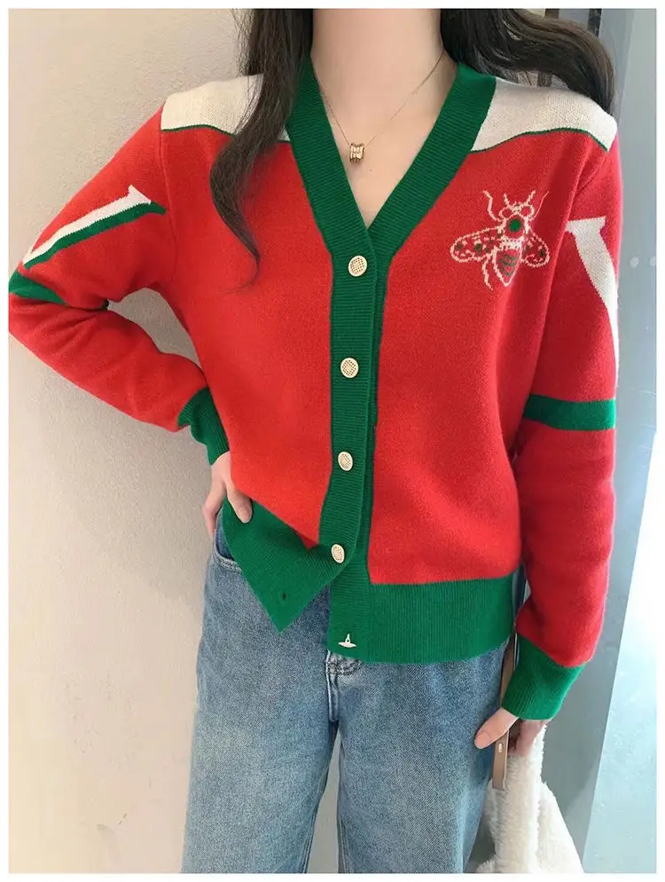 Women V-neck Knitted Cardigan Green Red 2023 — feature 4