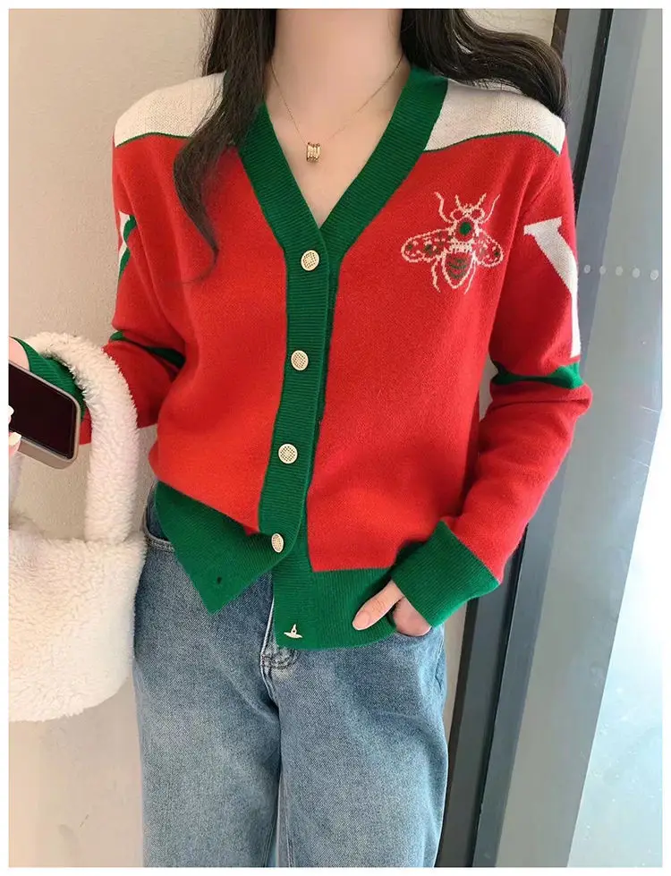 Women V-neck Knitted Cardigan Green Red 2023 — feature 5