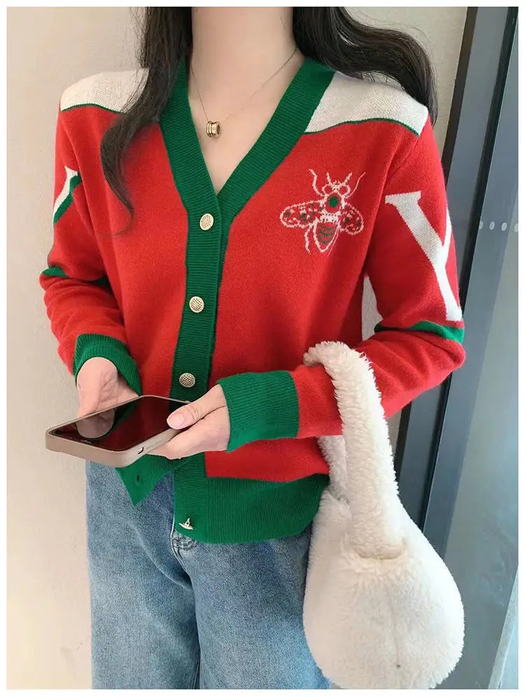 Women V-neck Knitted Cardigan Green Red 2023 — feature 6