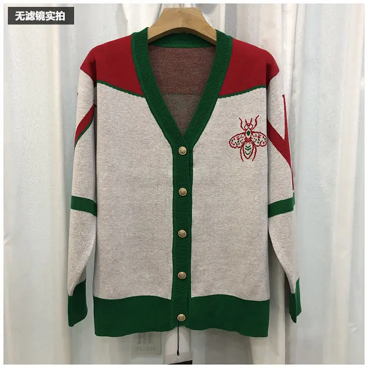 Women V-neck Knitted Cardigan Green Red 2023 — feature 7