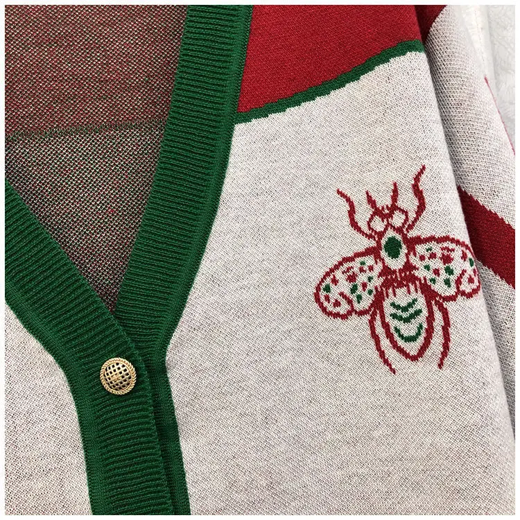 Women V-neck Knitted Cardigan Green Red 2023 — feature 9