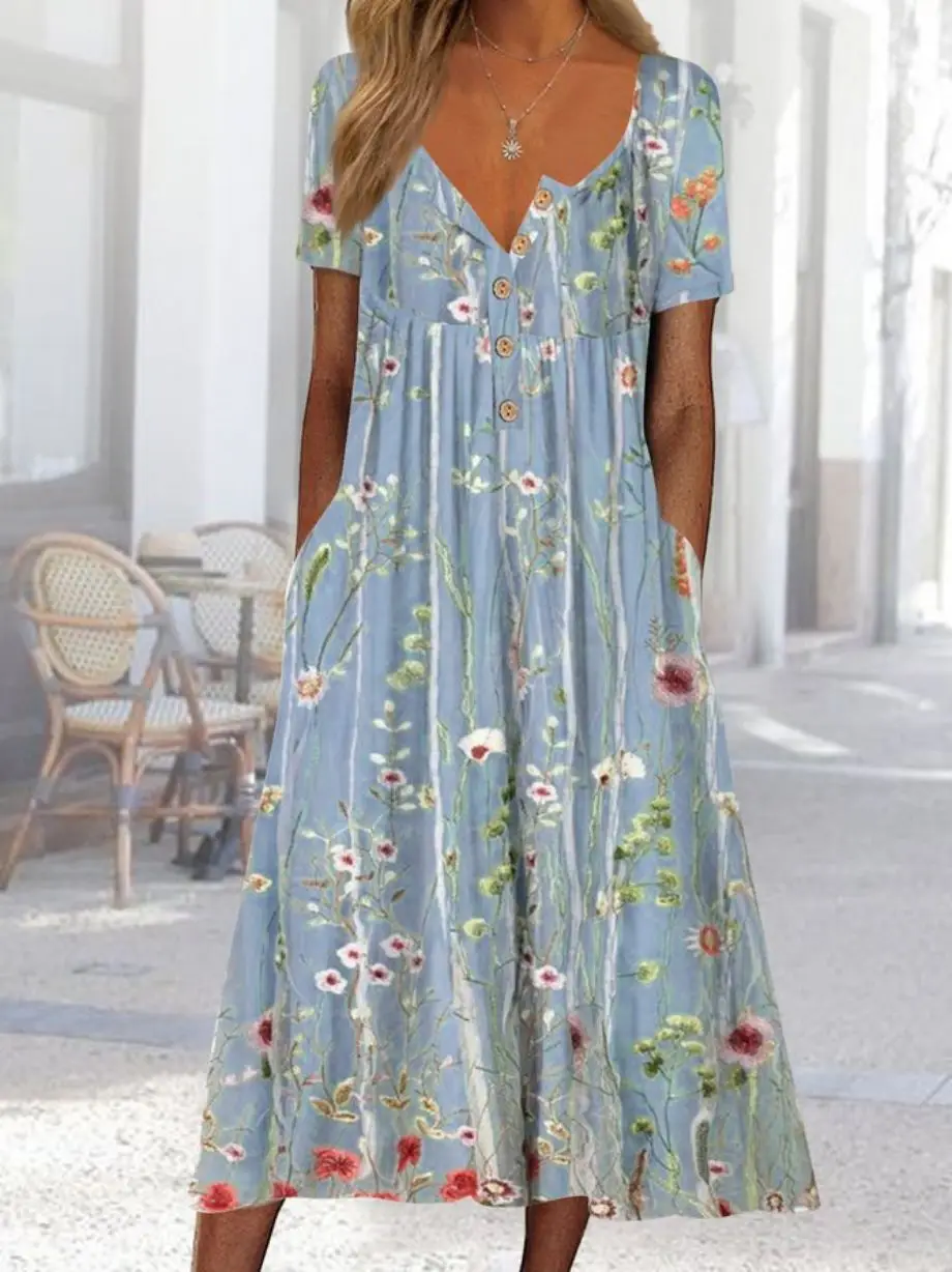 2023 Floral Button Mid-Length Summer Dress for Women - Image 3