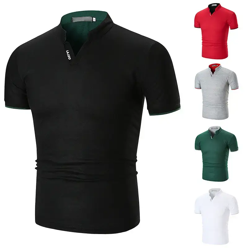 Men Green Cuff Striped Polo Shirt with Stand Collar - Image 9