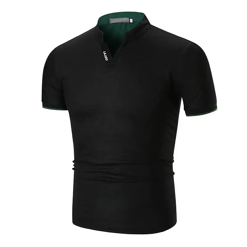 Men Green Cuff Striped Polo Shirt with Stand Collar — feature 13