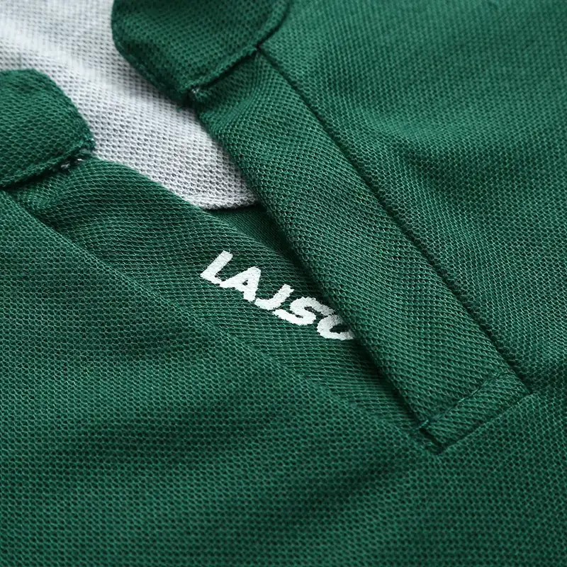 Men Green Cuff Striped Polo Shirt with Stand Collar — feature 17