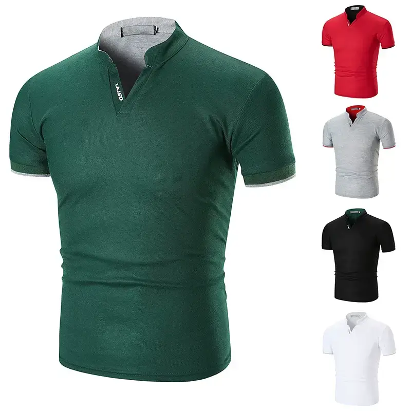 Men Green Cuff Striped Polo Shirt with Stand Collar — feature 2