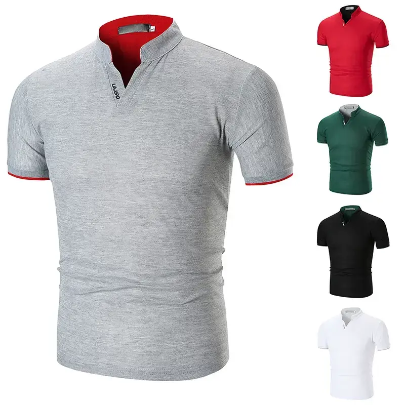 Men Green Cuff Striped Polo Shirt with Stand Collar — feature 4