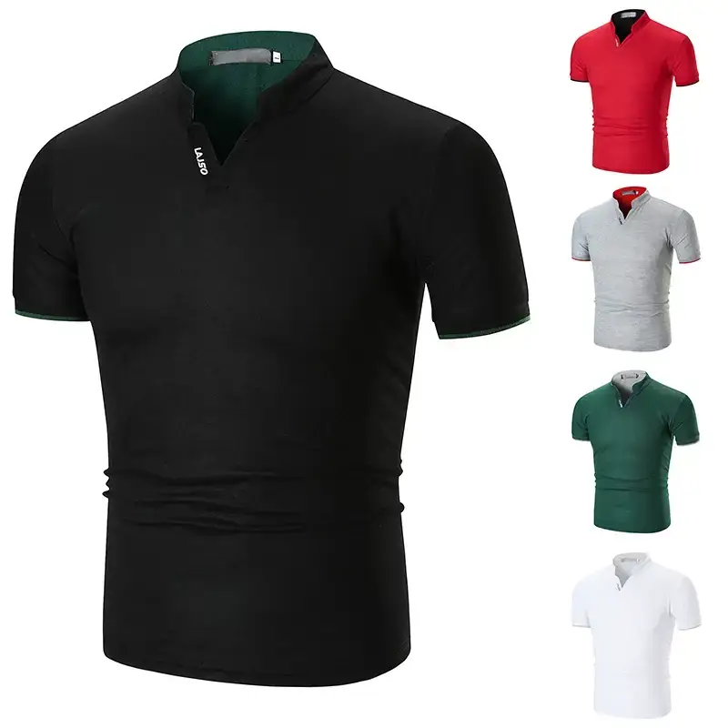 Men Green Cuff Striped Polo Shirt with Stand Collar — feature 5