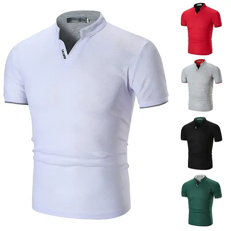 Men Green Cuff Striped Polo Shirt with Stand Collar — feature 6