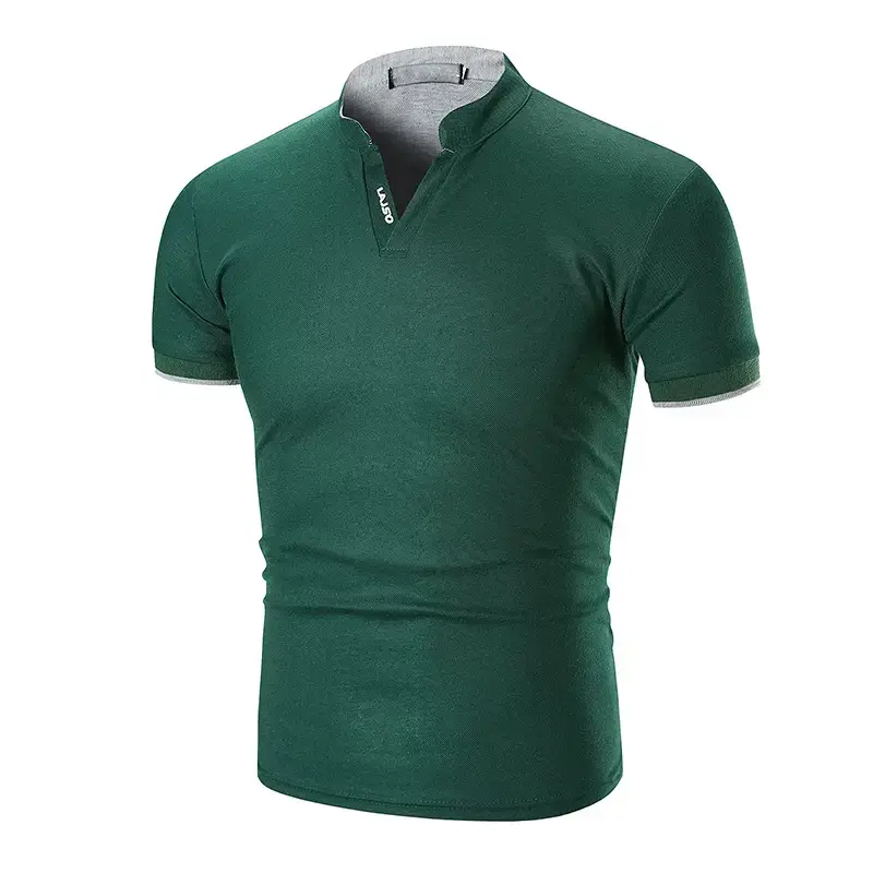 Men Green Cuff Striped Polo Shirt with Stand Collar — feature 9