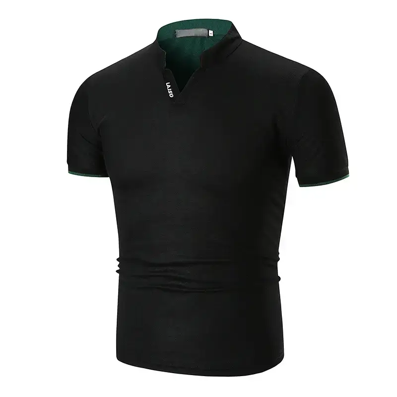Men Green Cuff Striped Polo Shirt with Stand Collar - Image 3
