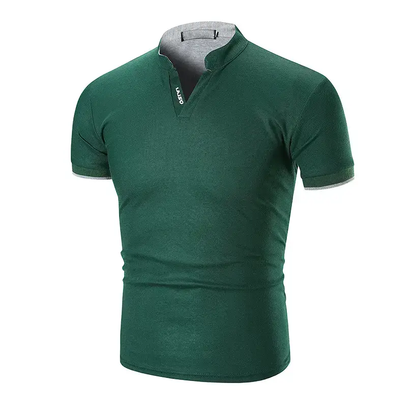 Men Green Cuff Striped Polo Shirt with Stand Collar - Image 5