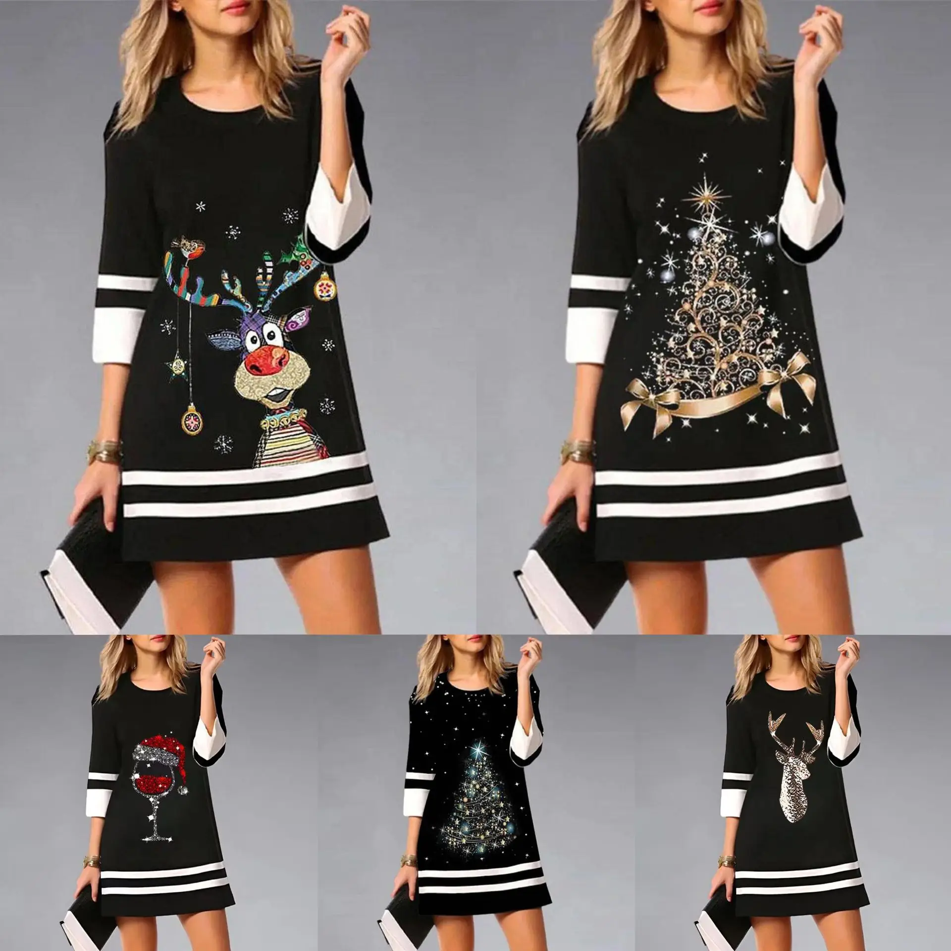 Women's 2023 Christmas Printed Mini Dress 3/4 Sleeve - Image 6