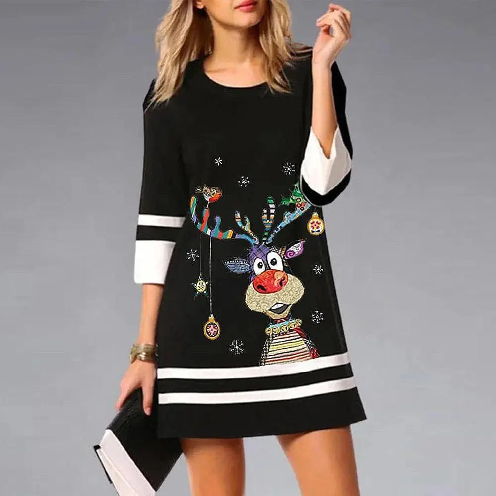 Women's 2023 Christmas Printed Mini Dress 3/4 Sleeve - Image 7