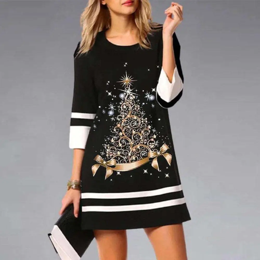 Women's 2023 Christmas Printed Mini Dress 3/4 Sleeve - Image 8