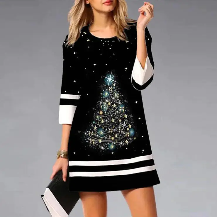 Women's 2023 Christmas Printed Mini Dress 3/4 Sleeve - Image 9