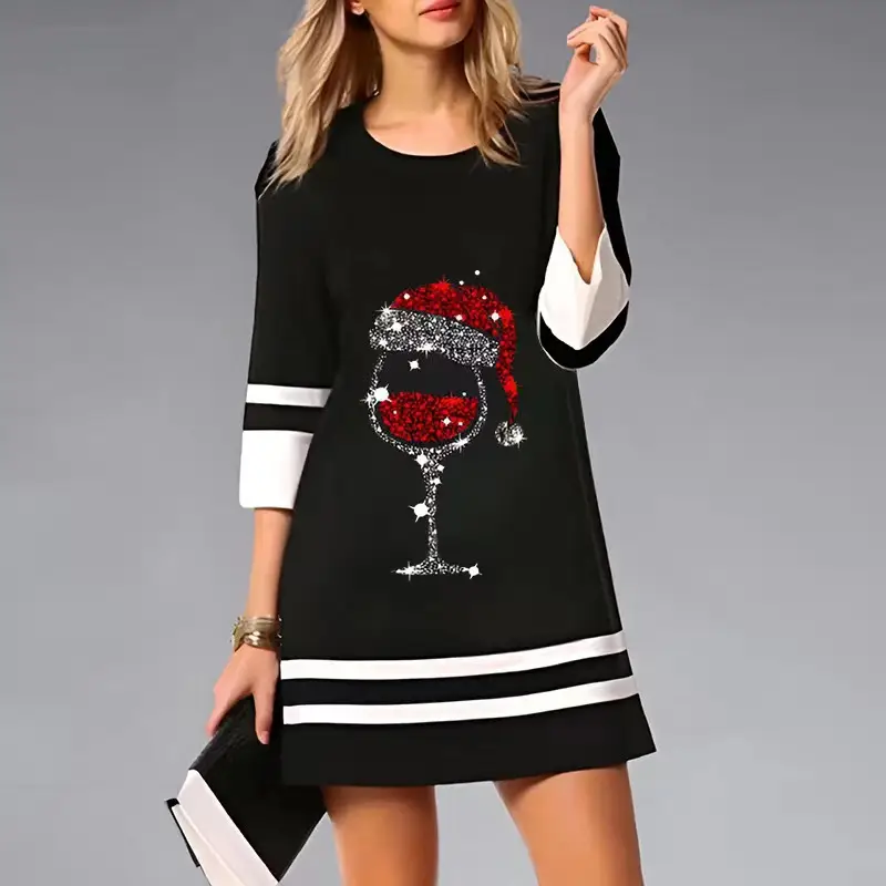 Women's 2023 Christmas Printed Mini Dress 3/4 Sleeve - Image 4
