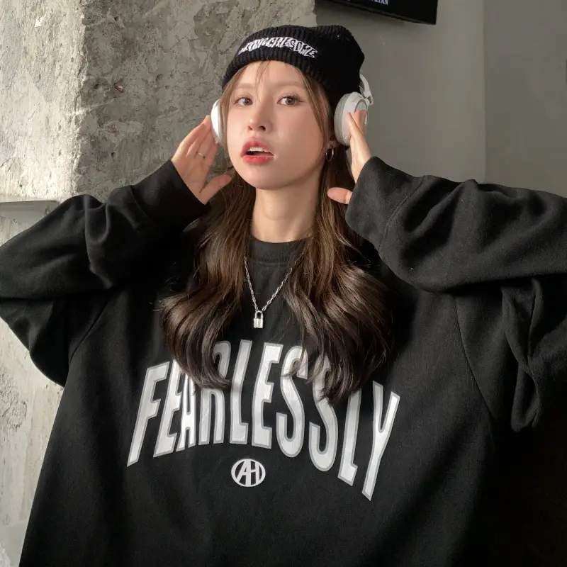 Korean Style Black Fennless Sweatshirt Women Loose Fit - Image 13