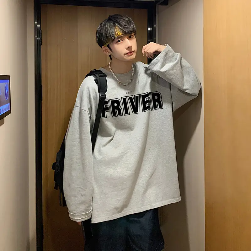 Men Grey FRIVER Long Sleeve T-Shirt Loose Casual - Image 11