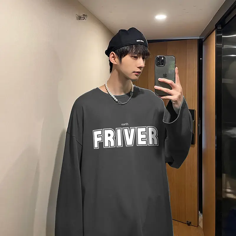 Men Grey FRIVER Long Sleeve T-Shirt Loose Casual - Image 12