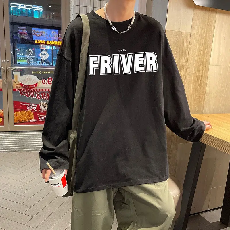 Men Grey FRIVER Long Sleeve T-Shirt Loose Casual - Image 3