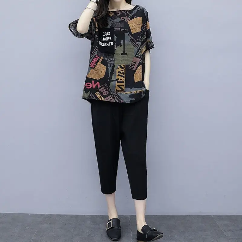 Cross-border Women Short Sleeve Cropped Pants Set Black - Image 4