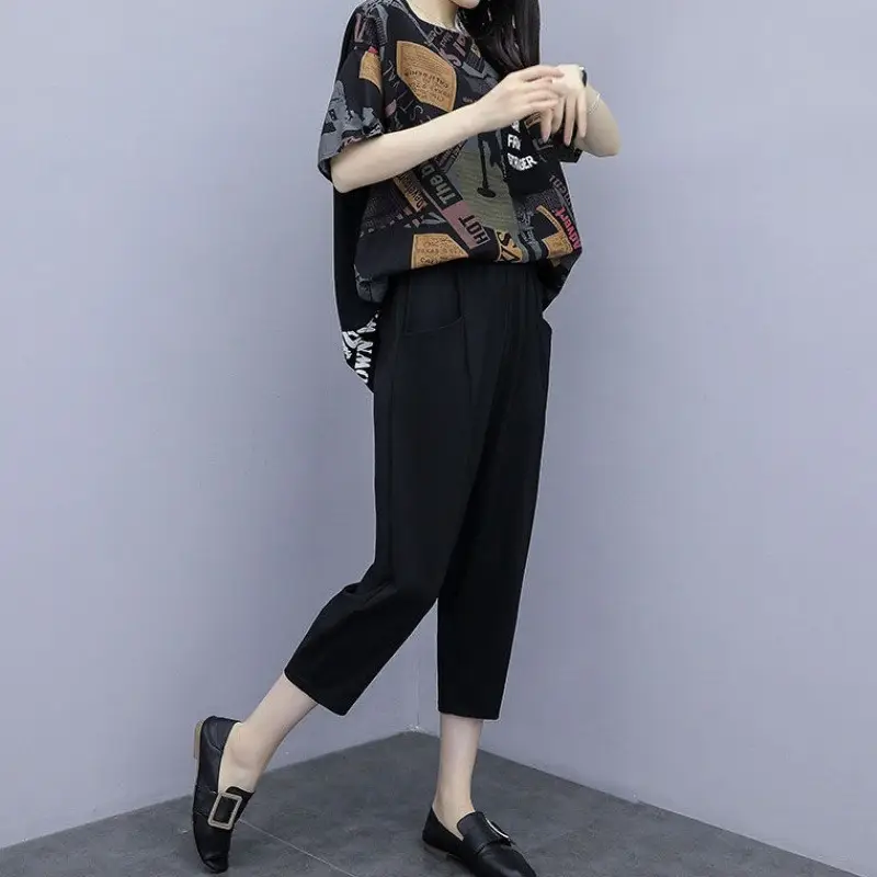 Cross-border Women Short Sleeve Cropped Pants Set Black - Image 5