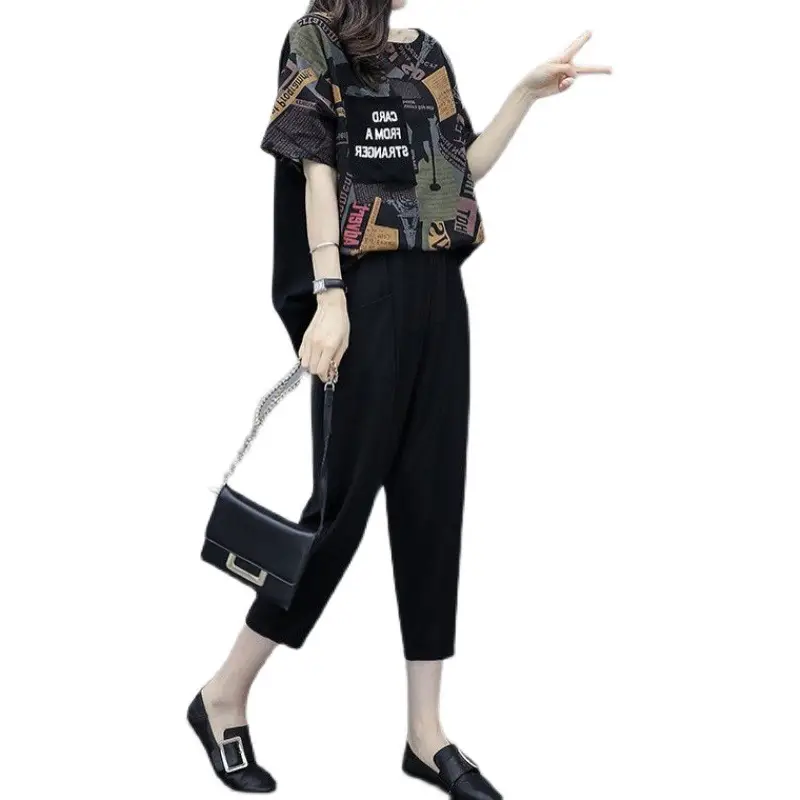 Cross-border Women Short Sleeve Cropped Pants Set Black - Image 6