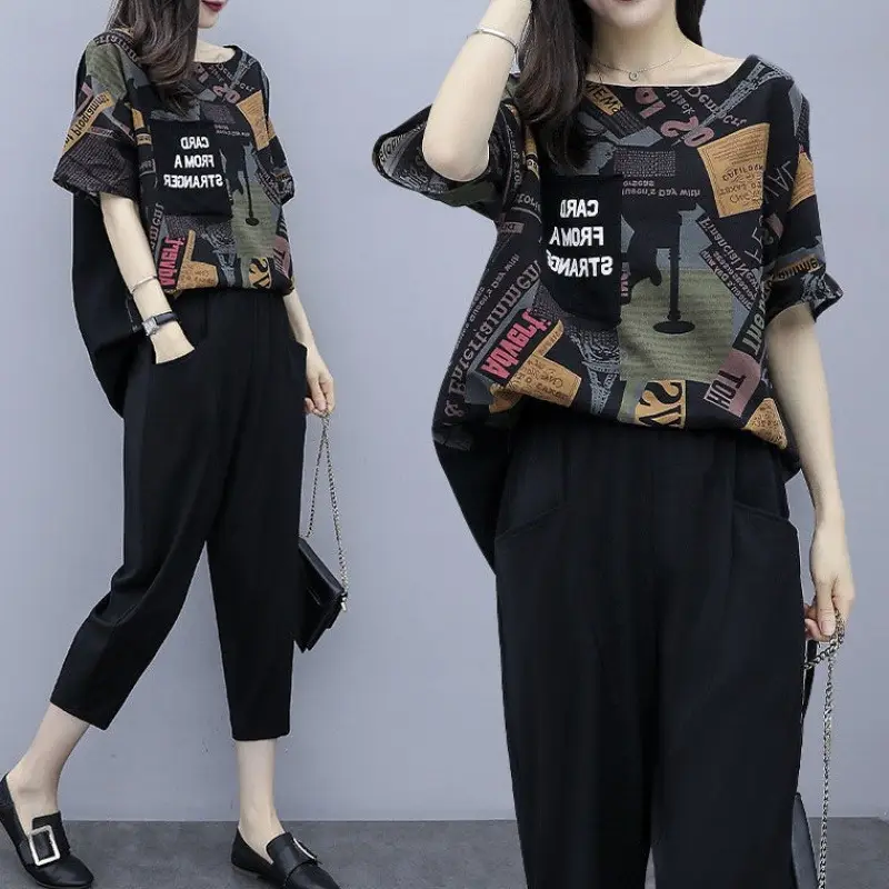 Cross-border Women Short Sleeve Cropped Pants Set Black — feature 3