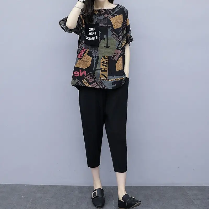 Cross-border Women Short Sleeve Cropped Pants Set Black — feature 4
