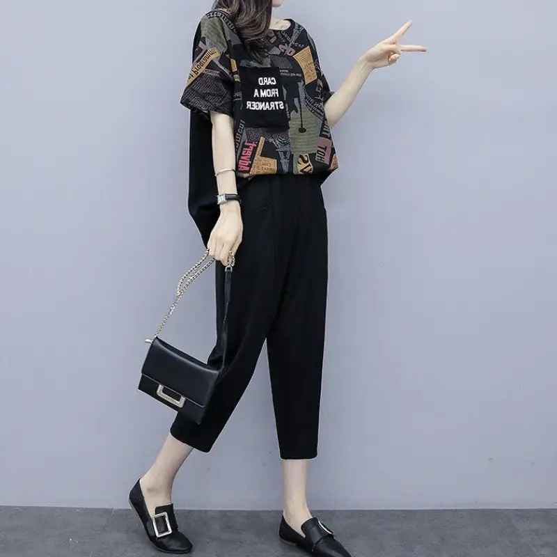Cross-border Women Short Sleeve Cropped Pants Set Black — feature 5