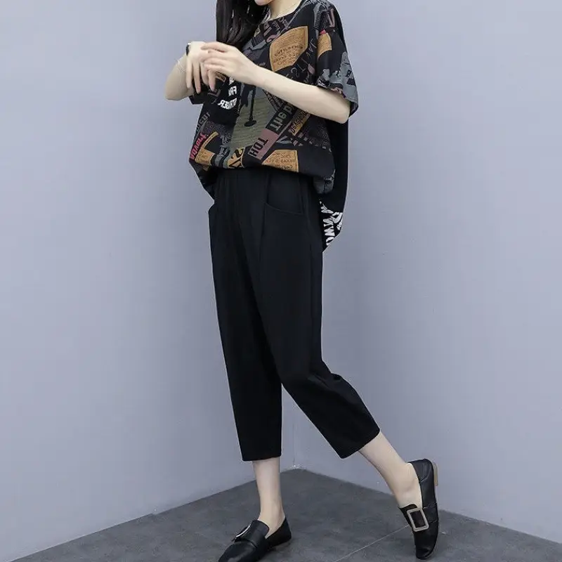Cross-border Women Short Sleeve Cropped Pants Set Black — feature 6