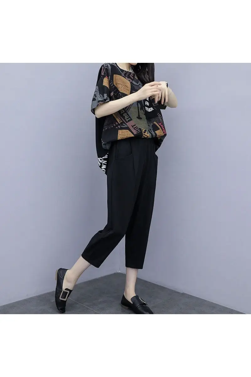 Cross-border Women Short Sleeve Cropped Pants Set Black — feature 7