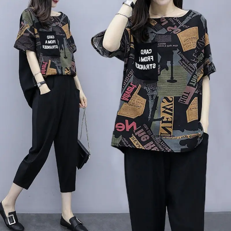 Cross-border Women Short Sleeve Cropped Pants Set Black — feature 8