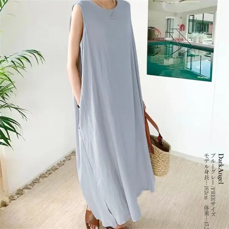 Women Linen Blended Long Vest Green One Piece