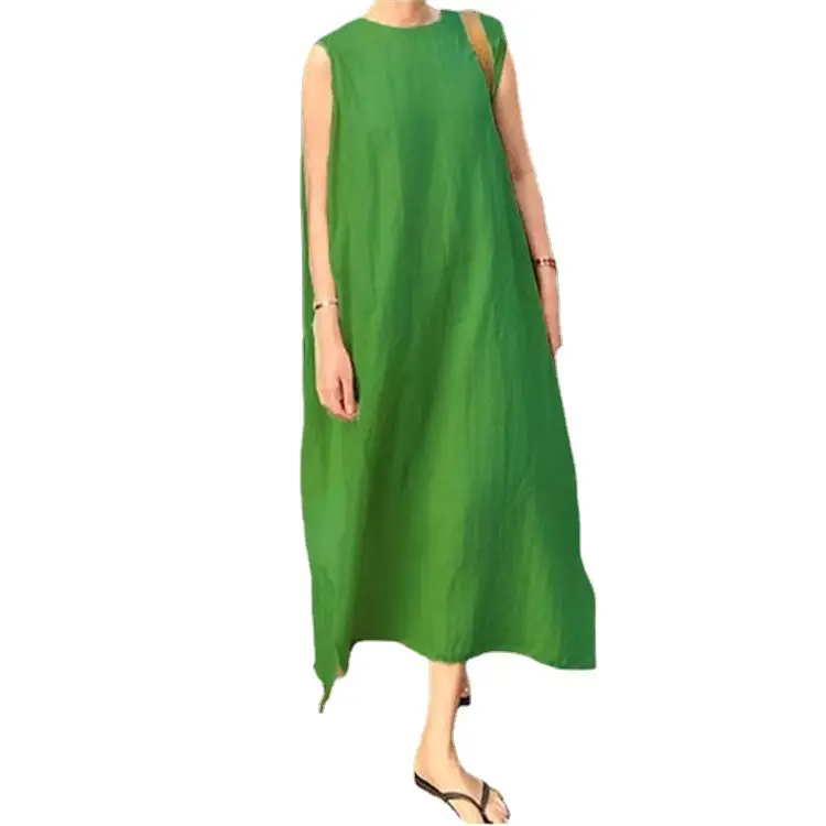 Women Linen Blended Long Vest Green One Piece