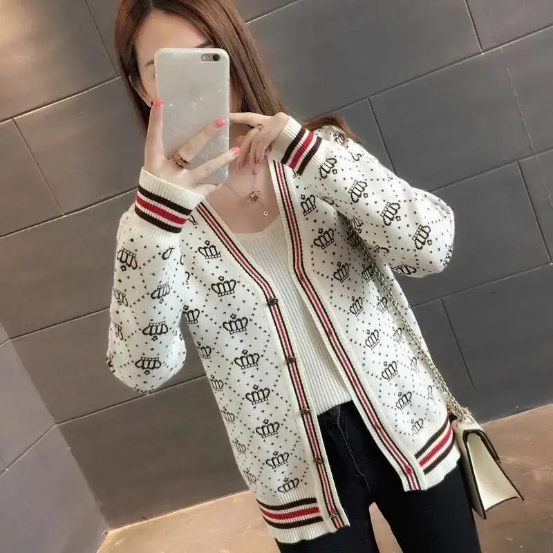 Women's Knitted Short Sweater Coat White Red Stripes 2023 - Image 6