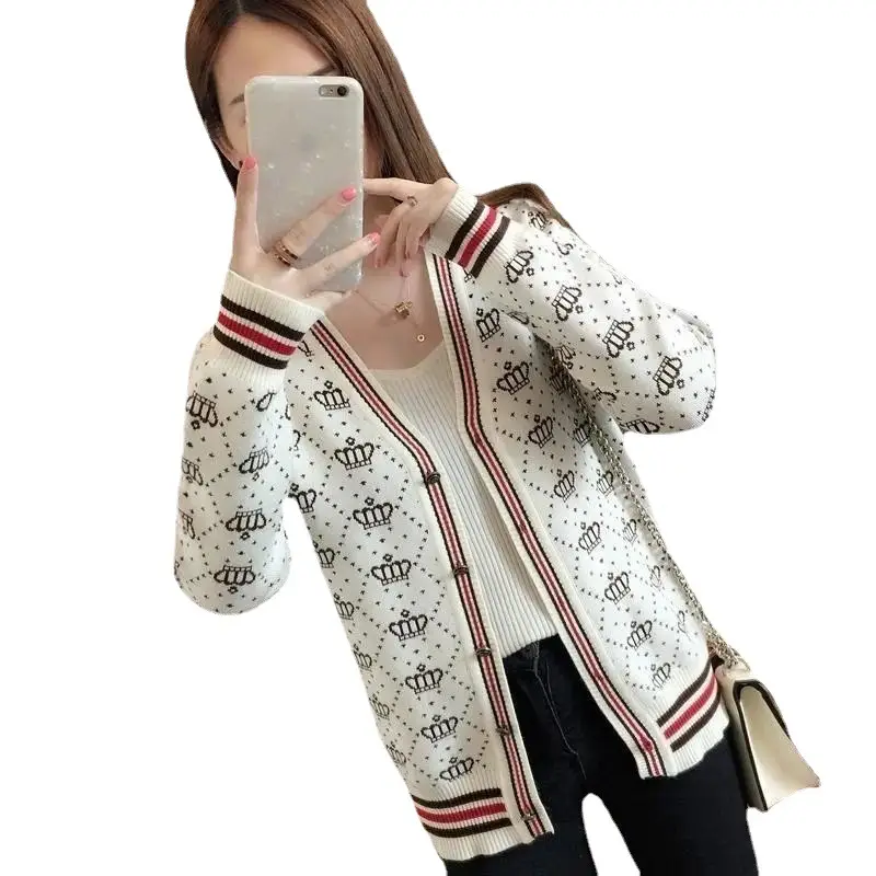 Women's Knitted Short Sweater Coat White Red Stripes 2023 - Image 9