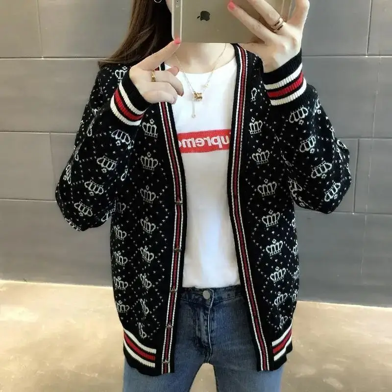 Women's Knitted Short Sweater Coat White Red Stripes 2023 - Image 3