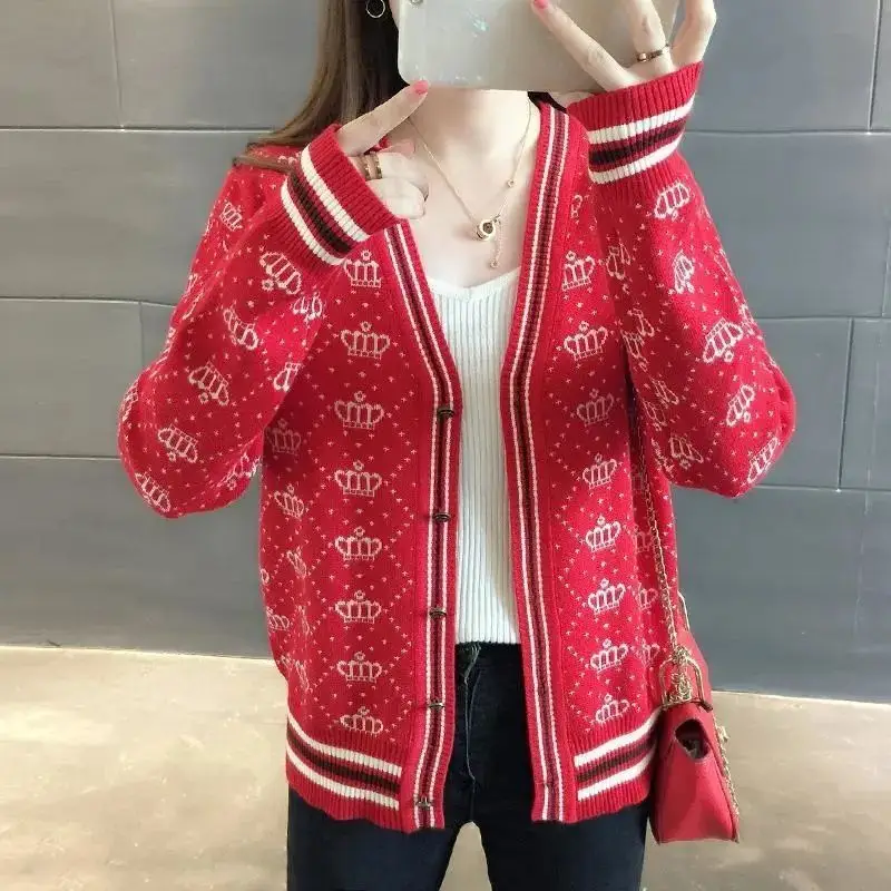 Women's Knitted Short Sweater Coat White Red Stripes 2023 - Image 4